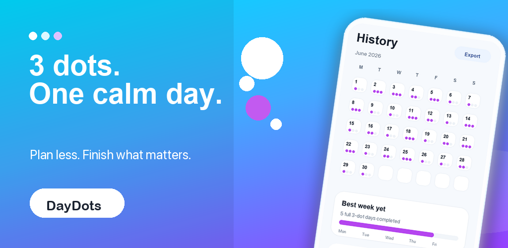 DayDots Play Store feature graphic showing the History screen and the message 3 dots. One calm day.